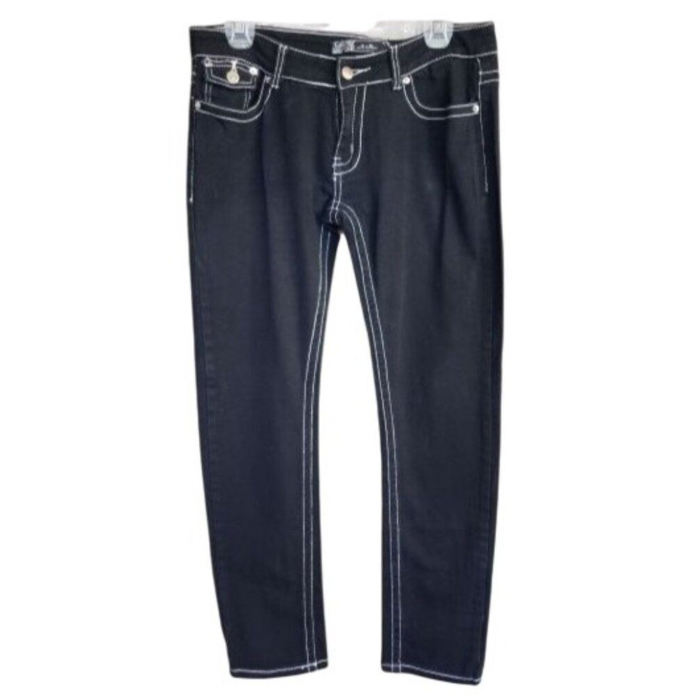 U-51 Juniors Low Rise Jeans 9/10 Black Chic Stretchy Thick Stitching Hip Hop
